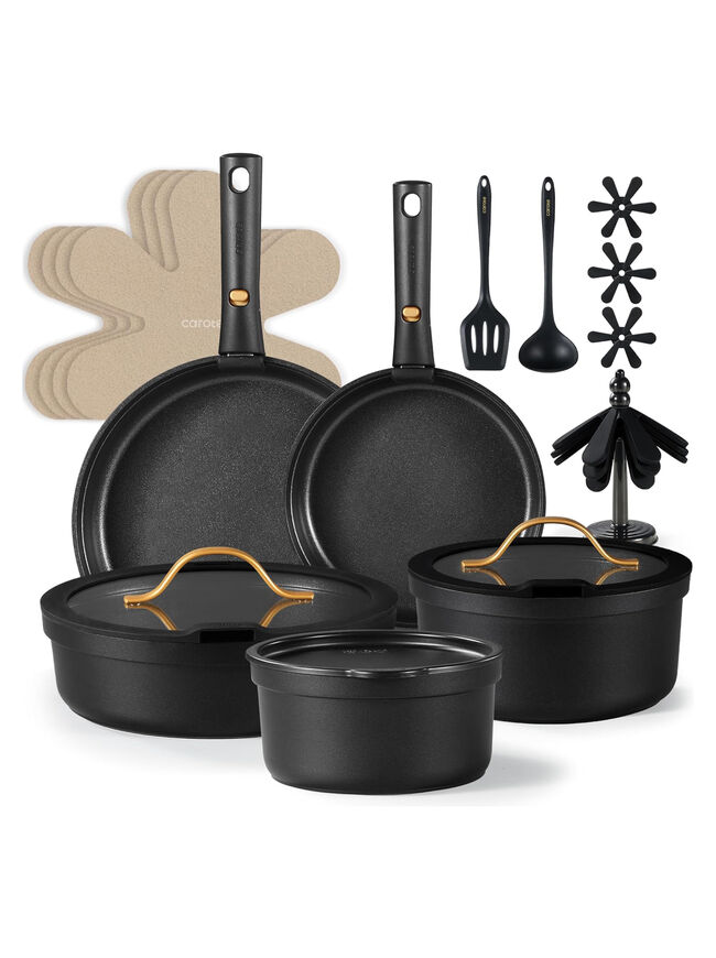 CAROTE 20pcs Pots and Pans Set Non Stick, Nonstick Cookware Set, Dishwasher, Oven, Fridge Safe Pots and Pans, Removable Handle RV Oven Safe Cookware, Induction Kitchen Set, Black