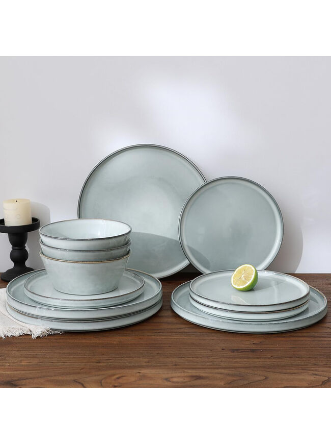 Famiware Annecy Plates and Bowls Sets, Stoneware Dinnerware Sets for 4, 12 Pieces Dish Set with Lipped Edges, Chip and Scratch Resistant, Microwave and Dishwasher Safe, Grey-Blue