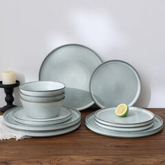 Famiware Annecy Plates and Bowls Sets, Stoneware Dinnerware Sets for 4, 12 Pieces Dish Set with Lipped Edges, Chip and Scratch Resistant, Microwave and Dishwasher Safe, Grey-Blue