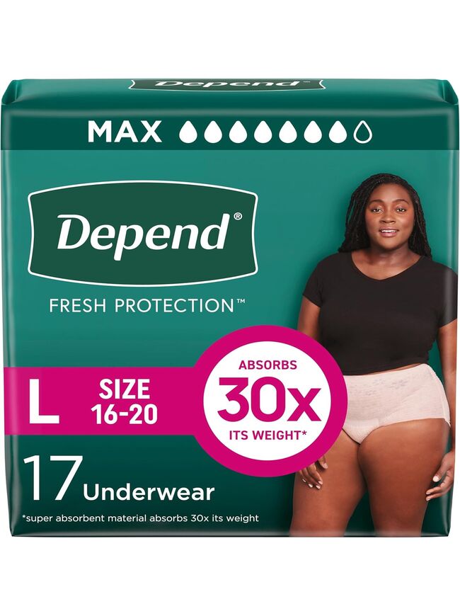 Depend Fresh Protection Adult Incontinence & Postpartum Bladder Leak Underwear for Women, Disposable, Maximum, Large, Blush, 17 Count, Packaging May Vary