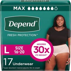 Depend Fresh Protection Adult Incontinence & Postpartum Bladder Leak Underwear for Women, Disposable, Maximum, Large, Blush, 17 Count, Packaging May Vary