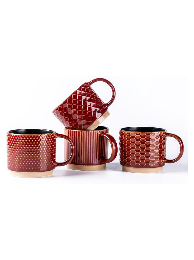 GBHOME 8OZ Stackable Coffee Mugs, Ceramic Coffee Mugs with Texture Patterns Set of 4, Red