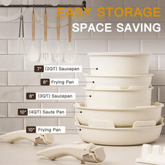 Astercook 21 Pcs Pots and Pans Set Non Stick, Ceramic Cookware Set Detachable Handle, RV Kitchen Cooking Set Removable Handles, Oven Safe, Induction Ready, Stackable Non-stick Set, Cream White