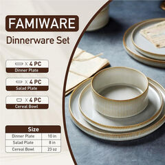 Famiware Star Dinnerware Sets, Plates and Bowls Set for 4, 12 Pieces Dishes- Chip and Scratch Resistant, Microwave and Dishwasher Safe Kitchen Set, Cappuccino White