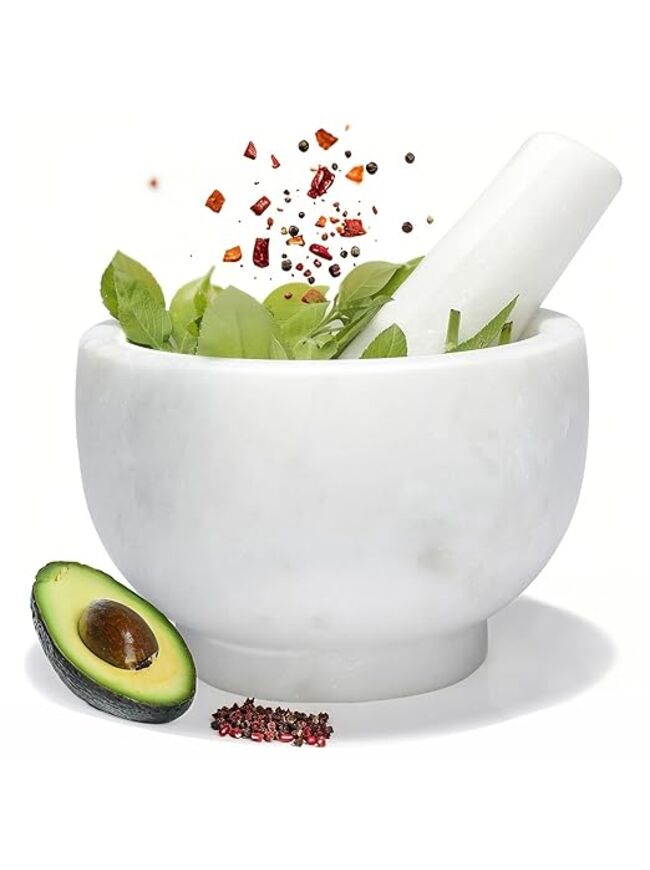 Koville Genuine Marble Mortar and Pestle Set, 5" African Stone Grinder for Kitchen, Molcajete, Guacamole, Salsa, Pill Crusher, Spice, Herb, Garlic, Nuts, Heavy Duty Grinder Bowl for Kitchen