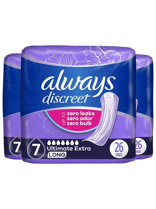 Always Discreet Adult Incontinence Pads 26 Ct, 7-Drop Extra Absorbency, 3 Pack