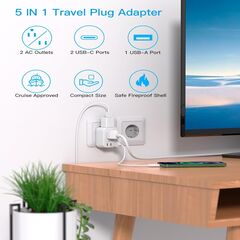Type E F Plug Adapter, HANYCONY Germany France Travel Plug Adapter with 2 Outlets 3 USB Ports(2 USB C)，Schuko Plug Power Adaptor for US to Europe EU Spain Iceland Korea Greece German French