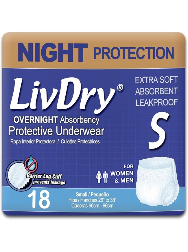 LivDry Overnight Adult Diapers for Women and Men, Max Protection Incontinence Underwear (Small, 18-Pack)