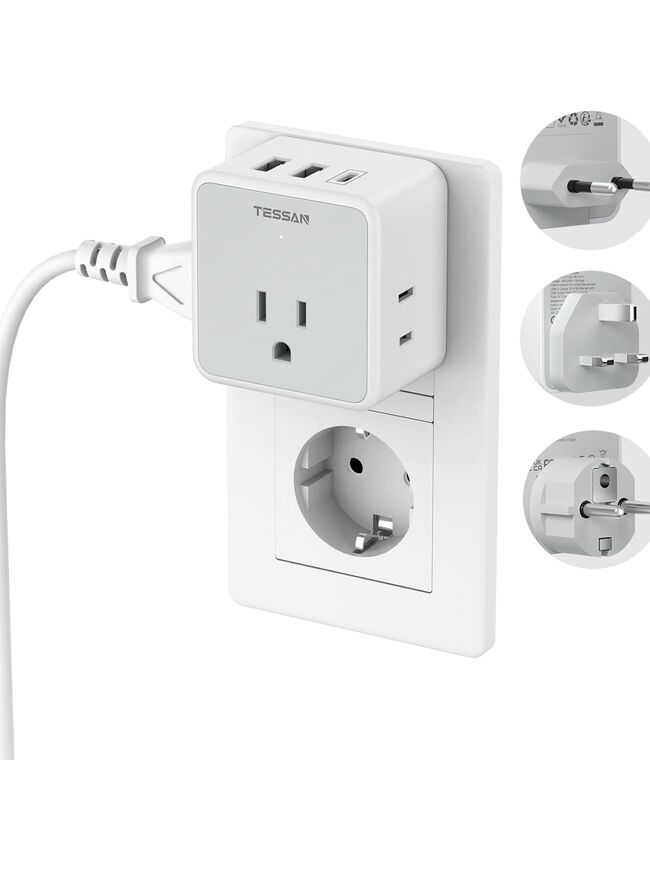 TESSAN All European UK Travel Plug Adapter Kit, International Detachable with 3 Outlet 3 USB Charger (1 USB C), Type C/G/E/F EU Ireland Power Adaptor, US to Europe Italy Spain France Greece