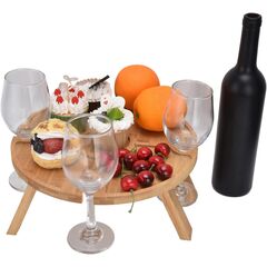 Jauarta Portable Bamboo Wine Table, Wooden Outdoor Folding Picnic Table with Wine Glass Holder, Portable Camping Wine Table Snack Tray