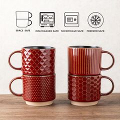 GBHOME 8OZ Stackable Coffee Mugs, Ceramic Coffee Mugs with Texture Patterns Set of 4, Red