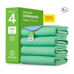 IMPROVIA® Washable Underpads, 34" x 36" (Pack of 4) - Heavy Absorbency Reusable Bedwetting Incontinence Pads for Kids, Adults, Elderly, and Pets - Waterproof Protective Pad for Bed, Couch, Sofa, Floor
