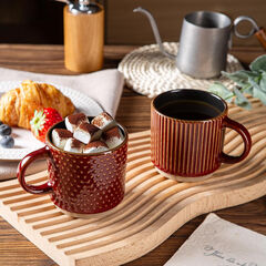 GBHOME 8OZ Stackable Coffee Mugs, Ceramic Coffee Mugs with Texture Patterns Set of 4, Red