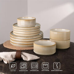 Famiware Star Dinnerware Sets, Plates and Bowls Set for 4, 12 Pieces Dishes- Chip and Scratch Resistant, Microwave and Dishwasher Safe Kitchen Set, Cappuccino White