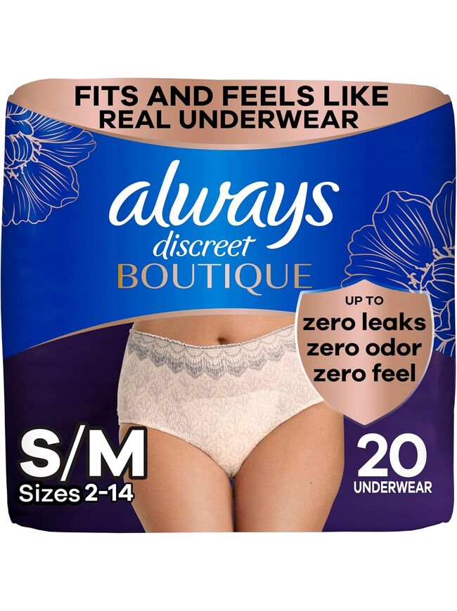 Always Discreet Boutique Incontinence and Postpartum Underwear for Women, Maximum Protection, S/M, Rosy, 20 Count (Packaging May Vary)