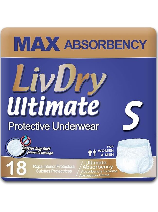 LivDry Ultimate Adult Incontinence Underwear, High Absorbency, Leak Cuff Protection, Small, 18-Pack