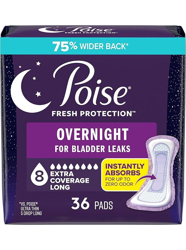 Poise Overnight Incontinence & Postpartum Pads for Bladder Leaks, 8 Drop Extra Coverage, 36 Count