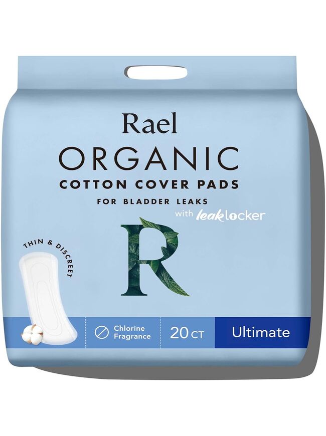 Rael Incontinence Pads for Women, Organic Cotton Cover - Postpartum Essential, Heavy Absorbency, Bladder Leak Control, 4 Layer Core with Leak Guard Technology, Long Length (Ultimate, 20 Count)