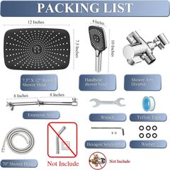 12 Inch Shower Head With Handheld Combo, High-Pressure Rain/Rainfall Shower Heads With 3+1 Settings Handheld Spray, Including 3-Way Diverter, Extension Arm - Height/Angle Adjustable(Chrome)