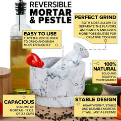 Laevo White Marble Mortar and Pestle Set - Heavy Duty Stone Spice Grinder - 2.1 Cup Capacity, 5.5-Inch Reversible Mortar and Pestle Set for Guacamole, Pesto, Spices - Large