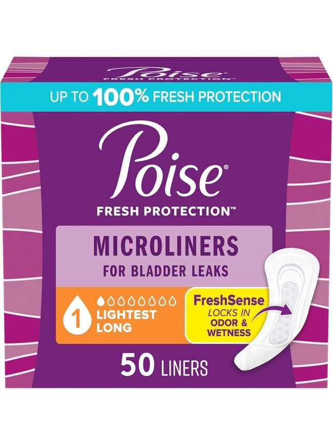 Poise Daily Microliners, Incontinence Panty Liners, 1 Drop Lightest Absorbency, Long Length, 50 Count of Pantiliners
