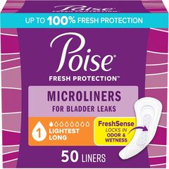 Poise Daily Microliners, Incontinence Panty Liners, 1 Drop Lightest Absorbency, Long Length, 50 Count of Pantiliners