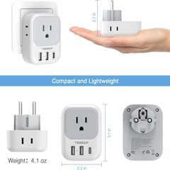 TESSAN Type E F Plug Adapter, Germany France Power Adapter with 3 USB Ports(1 USB C), 4 AC Outlets Travel Adaptor for US to Europe EU Spain Iceland Korea Greece Russia German French