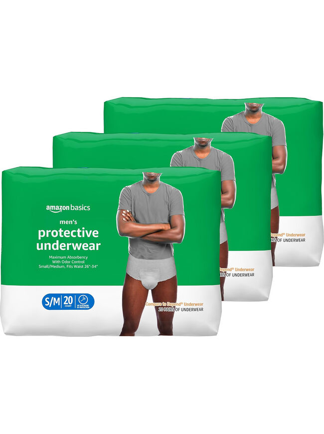 Amazon Basics Incontinence Underwear for Men, Maximum Absorbency, Small/Medium, 20 Count (3 Pack)