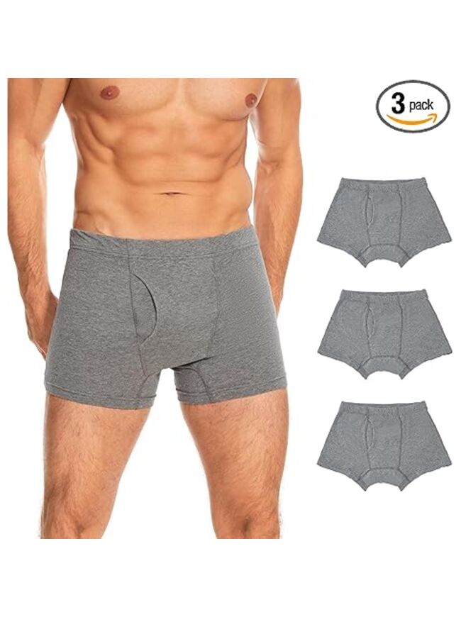 ShieldEase Washable Incontinence Boxer Briefs for Men - Cotton Leakproof Underwear with Fly, Enhanced Front & Rear Protection 120ml Absorbency (3 Pack, Gray, XL)