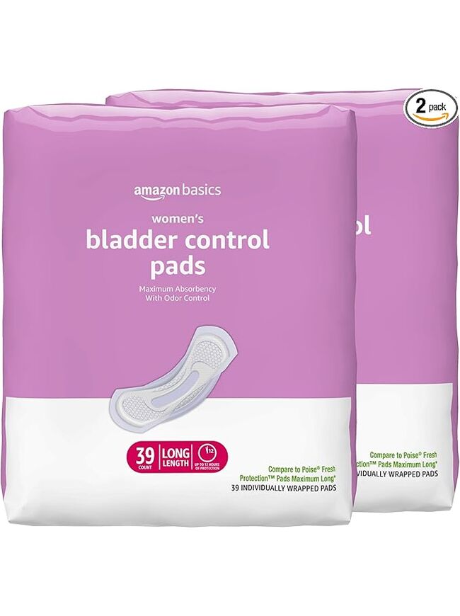 Amazon Basics Incontinence Pads for Women Long, Bladder Control, Postpartum, Maximum Absorbency, Unscented, 78 Count (2 Packs of 39)