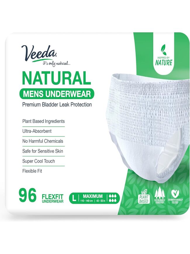 Veeda Natural Adult Incontinence Underwear for Men - Disposable Underwear for Bladder Leakage Protection - Adult Diapers for Men with Maximum Absorbency - Large Size - 96 Count