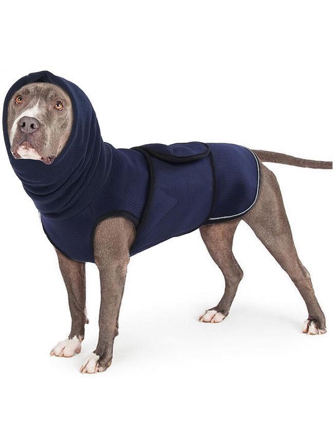 Lelepet XL Navy Blue Dog Shirt: Ear Cover for Anxiety, Calming Hood, Reflective Strips