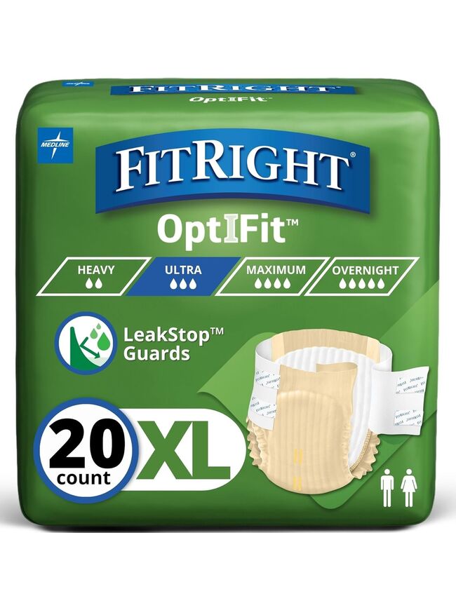 FitRight Ultra Absorbency Adult Diapers, FSA/HSA Eligible, 20 Count, Waist Size 56"-64", XL, Incontinence Briefs for Men and Women, Disposable, Moisture Wicking, Leak Protection