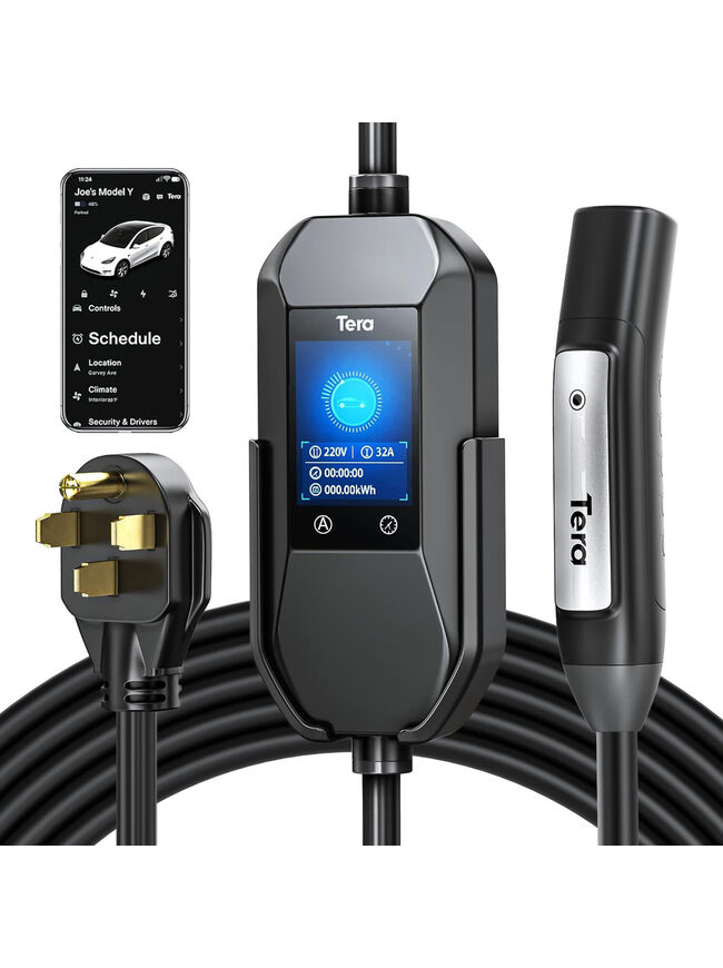 Tera 2025 New EV Charger for Tesla 32A 2.8" Largest Display ETL FCC 25FT NACS Level 2 NEMA 14-50 Plug & NEMA 5-15 for Level 1 Waterproof Patent IP66 Portable EV Charger for Tesla Model Y/3/S/X P06
