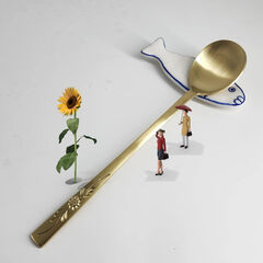 BALWOO 6 Pcs Korean Style Soup Spoon 8.5 inch Premium 304(18/10) Stainless Steel Dessert Spoons Dinner Spoon, Table Spoon, Rice Spoon Ice Cream Scoop (Sunflower, TITANIUM)