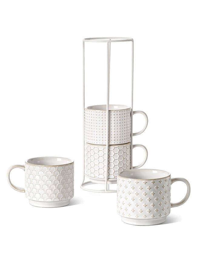 LE TAUCI Stackable Coffee Mugs with Rack, 12 oz - Set of 4, Arctic white