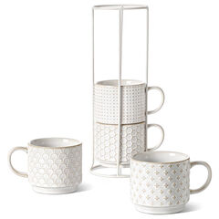 LE TAUCI Stackable Coffee Mugs with Rack, 12 oz - Set of 4, Arctic white