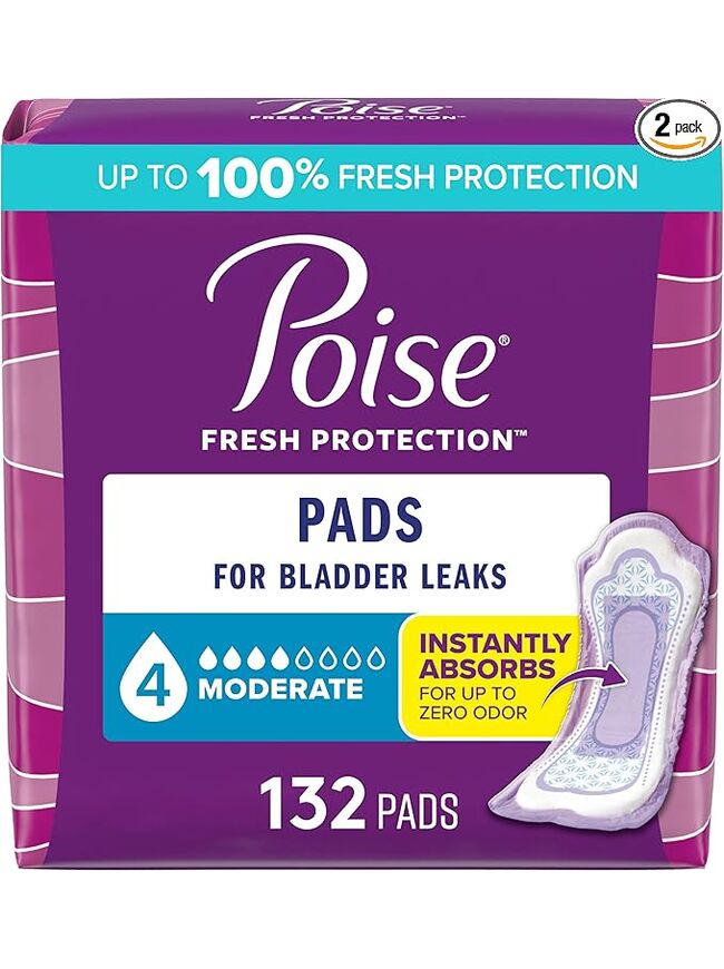 Poise Incontinence & Postpartum Pads for Bladder Leaks, 4 Drop Moderate Absorbency, Regular Length, 132 Count, Packaging May Vary