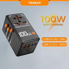 Tessan Universal Travel Adapter GaN 100W Worldwide Power Outlet Type C/G/A/I