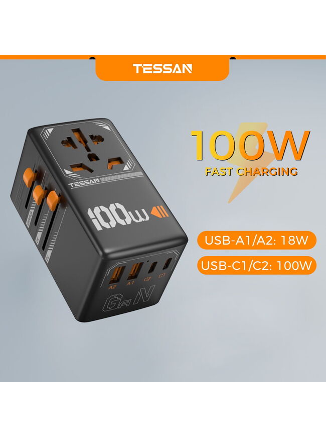 Tessan Universal Travel Adapter GaN 100W Worldwide Power Outlet Type C/G/A/I