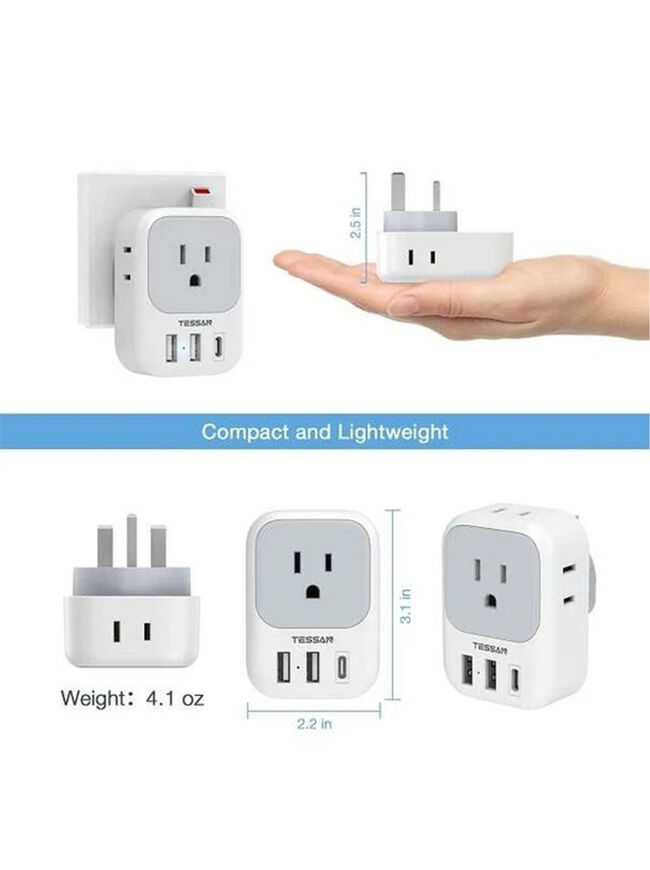 3-PACK: US To UK/HK/Saudi Arabia Travel Adapter With 4 Outlets 3 USB Ports (Fast Charging PD 15W)