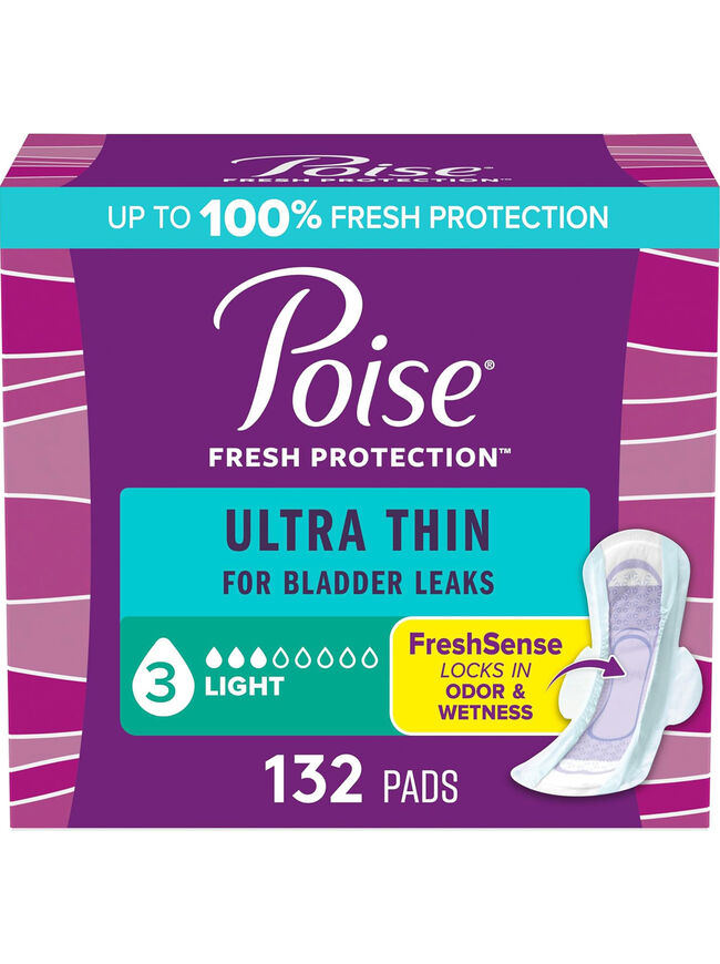 Poise Ultra Thin Incontinence Pads for Women, 3 Drop Light Absorbency, 132 Count