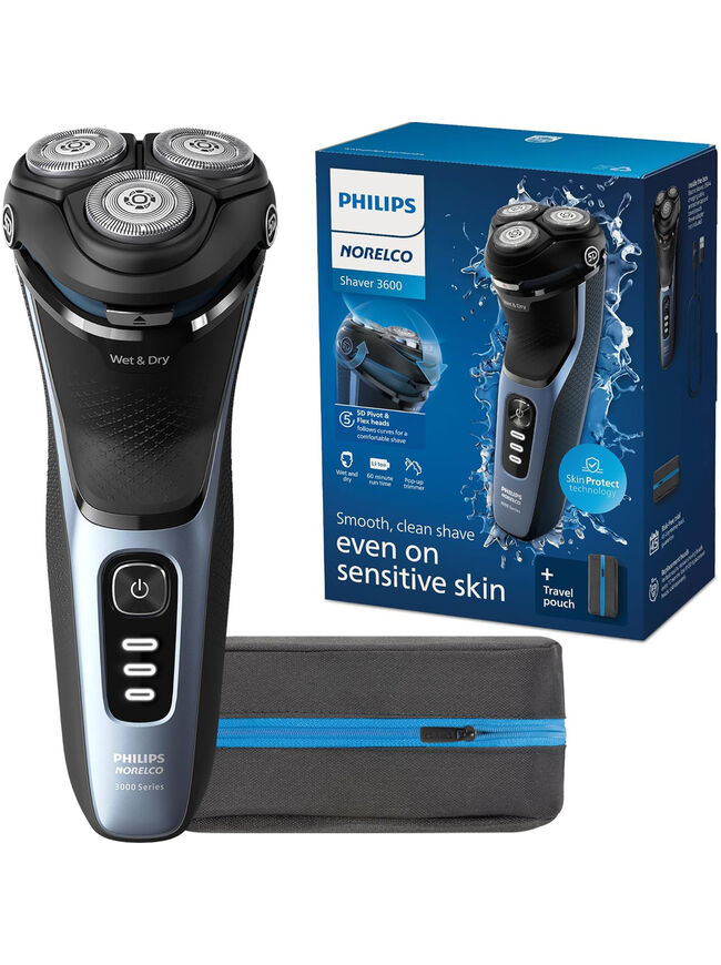 Philips Norelco Shaver 3600 Series, Wet and Dry Electric Shaver, P-Cap, Travel Pouch, Storm Blue, Model S3243/91