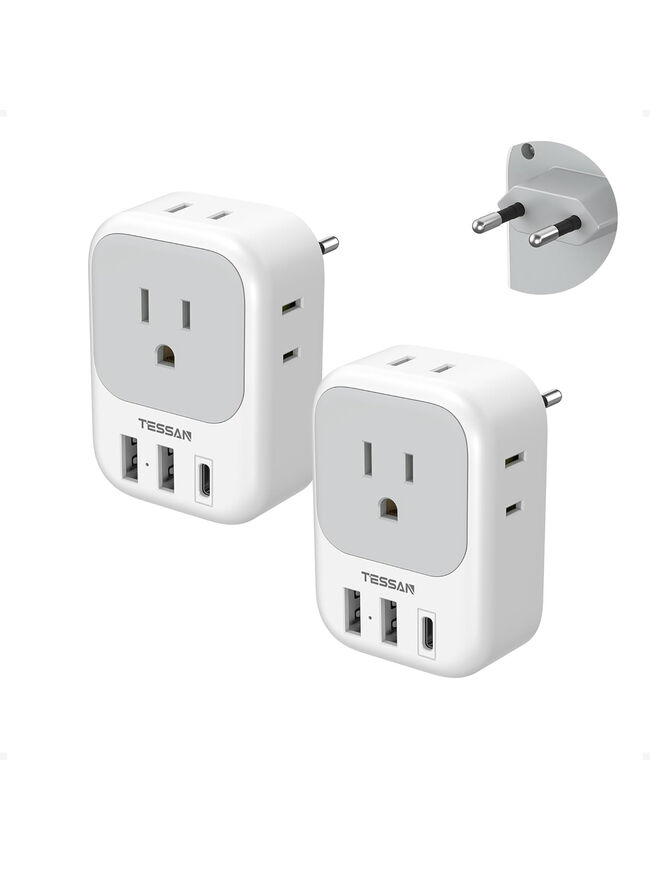 2 Pack European Plug Adapter USB C, TESSAN US to Europe Adapter 4 Outlets 3 USB
