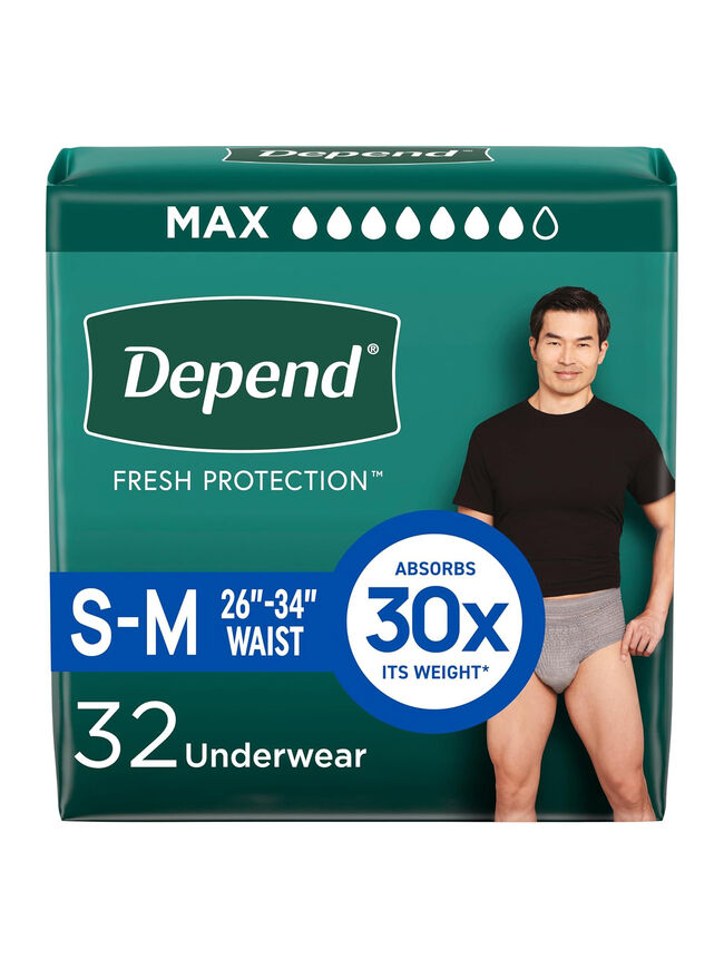 Depend Fresh Protection Adult Incontinence Underwear for Men, Disposable, Maximum, Small/Medium, Grey, 32 Count, Packaging May Vary