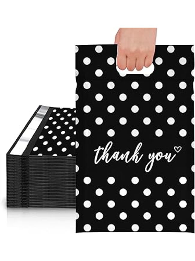 JinRuiKJ Poly Mailers with Handle 10x13 Inch 25 Pcs, Easy to Carry Packaging Bags for Small Business, Thank You Shipping Bags with Self Adhesive Strip, Tearproof and Waterproof - White Polka Dot