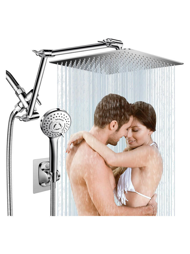 12'' Rain Shower Head Combo, High Pressure Rainfall Shower Head with 16'' Flexible Adjustment of Height/Angle Upgraded Extension Arm and 5 Setting Spray Handheld Shower Head, Anti-leak (Chrome)