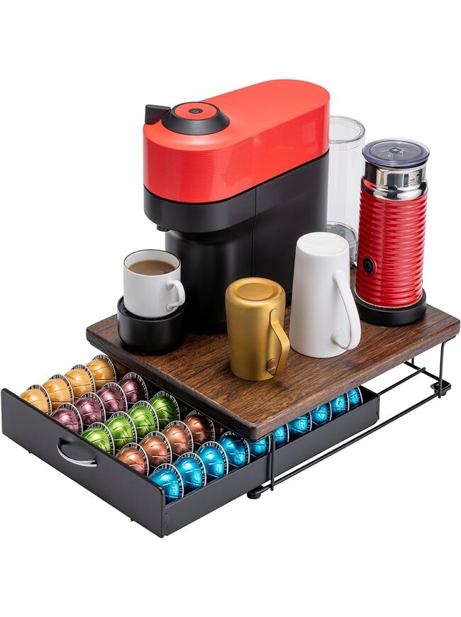 Flagship for Nespresso Pod Holder Vertuo Pod Drawer Coffee Pod Storage for Vertuo Pod with Elegant Wood Top(50 Pods Capacity)