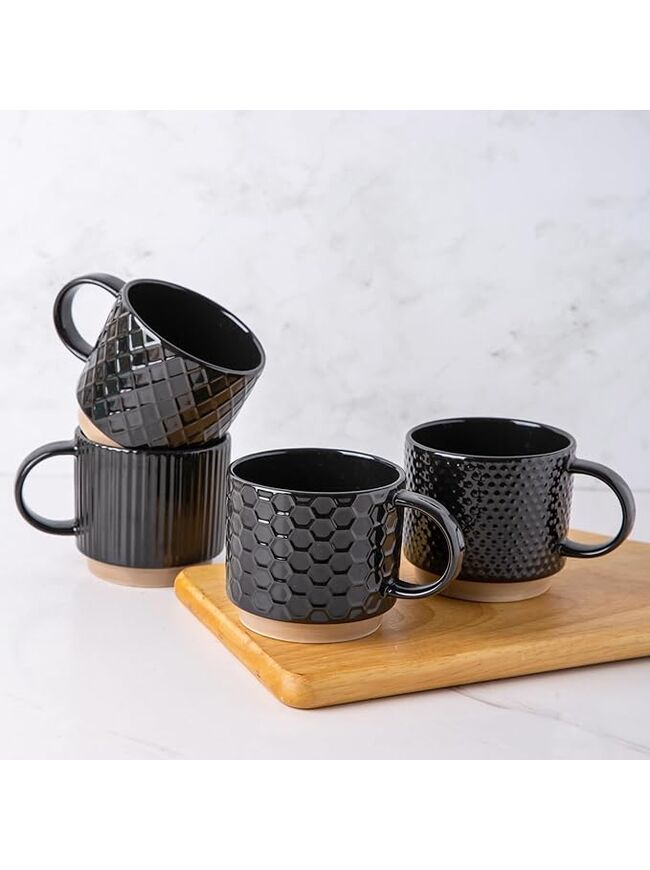 GBHOME 12OZ Stackable Coffee Mugs, Ceramic Coffee Mugs with Texture Patterns, Modern Coffee Mugs Set of 4 Dishwasher&Microwave Safe, Black
