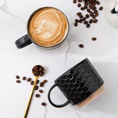 GBHOME 12OZ Stackable Coffee Mugs, Ceramic Coffee Mugs with Texture Patterns, Modern Coffee Mugs Set of 4 Dishwasher&Microwave Safe, Black